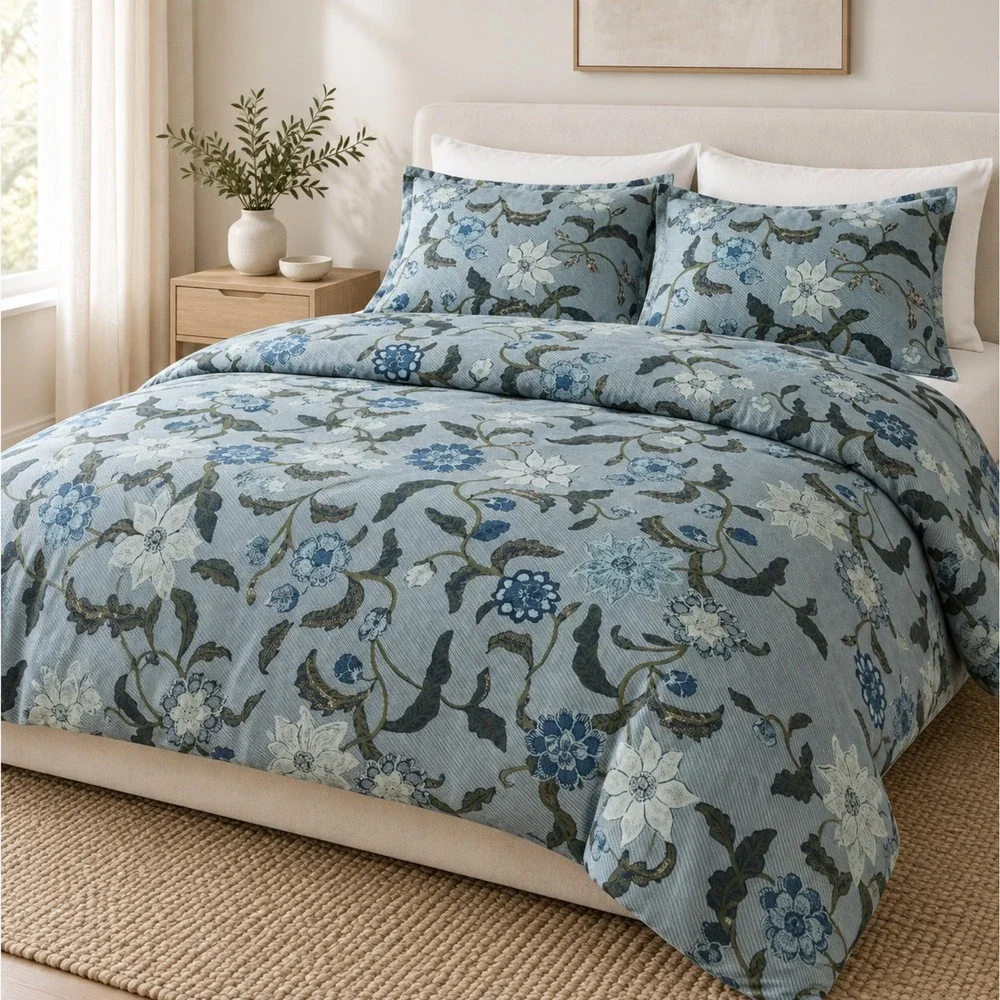 West Elm Batik Floral Duvet Cover Blue Botanical Pinstripe Bedding NWT - QUEEN